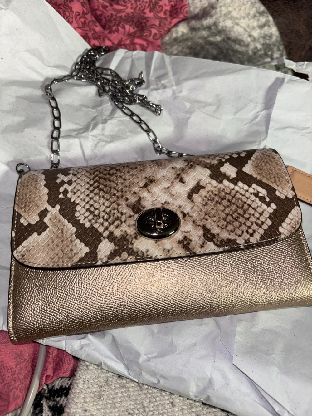 Coach Metallic Rose Gold Clutch with exotic with chain Snake-Print Flap